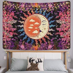 𝅺PSYCHEDELIC Moon Stars Garden Flower Tapestry Mandala Living Room Bedroom Dorm